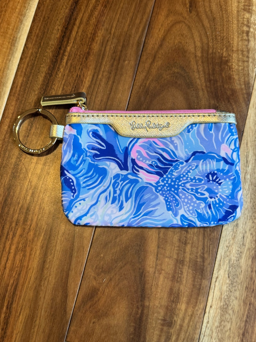 Lilly Pulitzer Blue & Pink Floral Key Pouch with Gold Trim